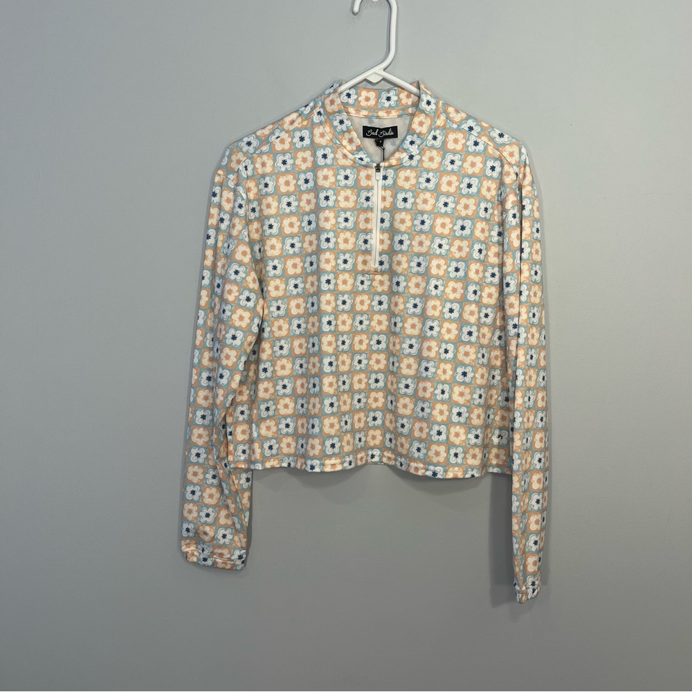 NEW Bad Birdie Shirt Womens Large Blue Flower Power Floral Long Sleeve UV Crop